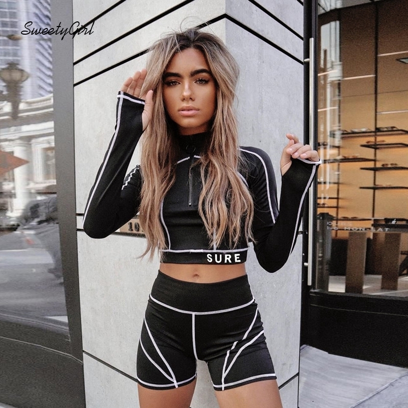 SweetyGirl Women Crop Top Contrast Color Lined Stand Collar Zippered Long Sleeves Slim Fit Casual Sportswear