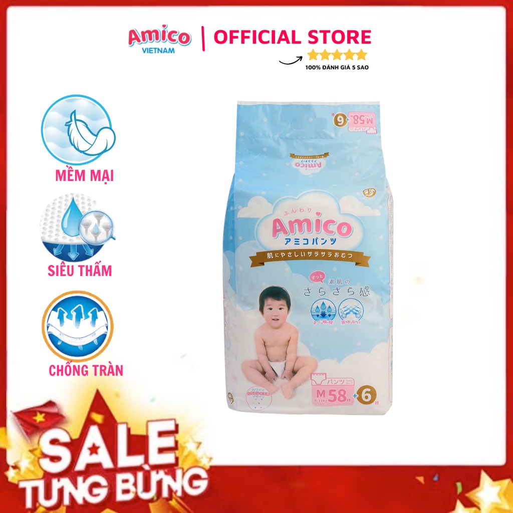 Bỉm - Tã quần Amico combo 2 gói size M 58 + 6 miếng (Cho bé 6 - 11kg)