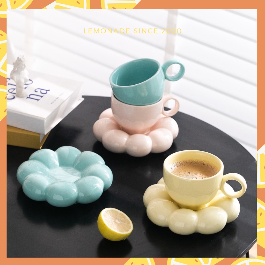 Cốc sứ có đĩa hình hoa dày dặn độc lạ Douyin tone màu pastel dịu dàng