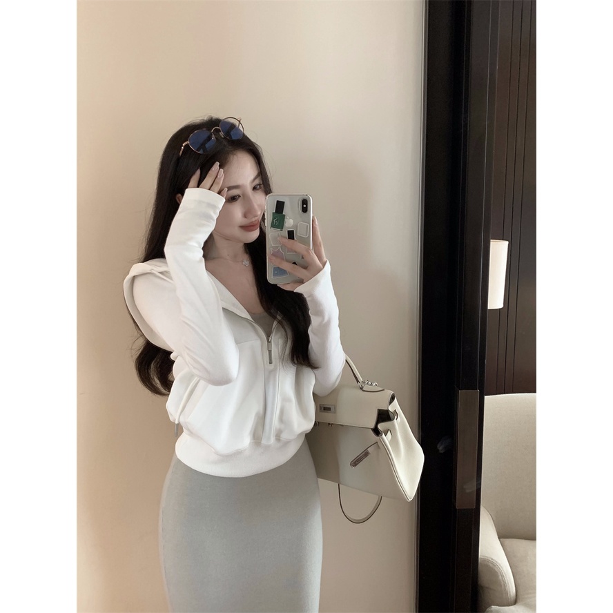 Áo Len Dệt Kim Mỏng + Váy Yếm Dài Giản Dị Thời Trang Mùa Thu Hàn Quốc Hàng Mới