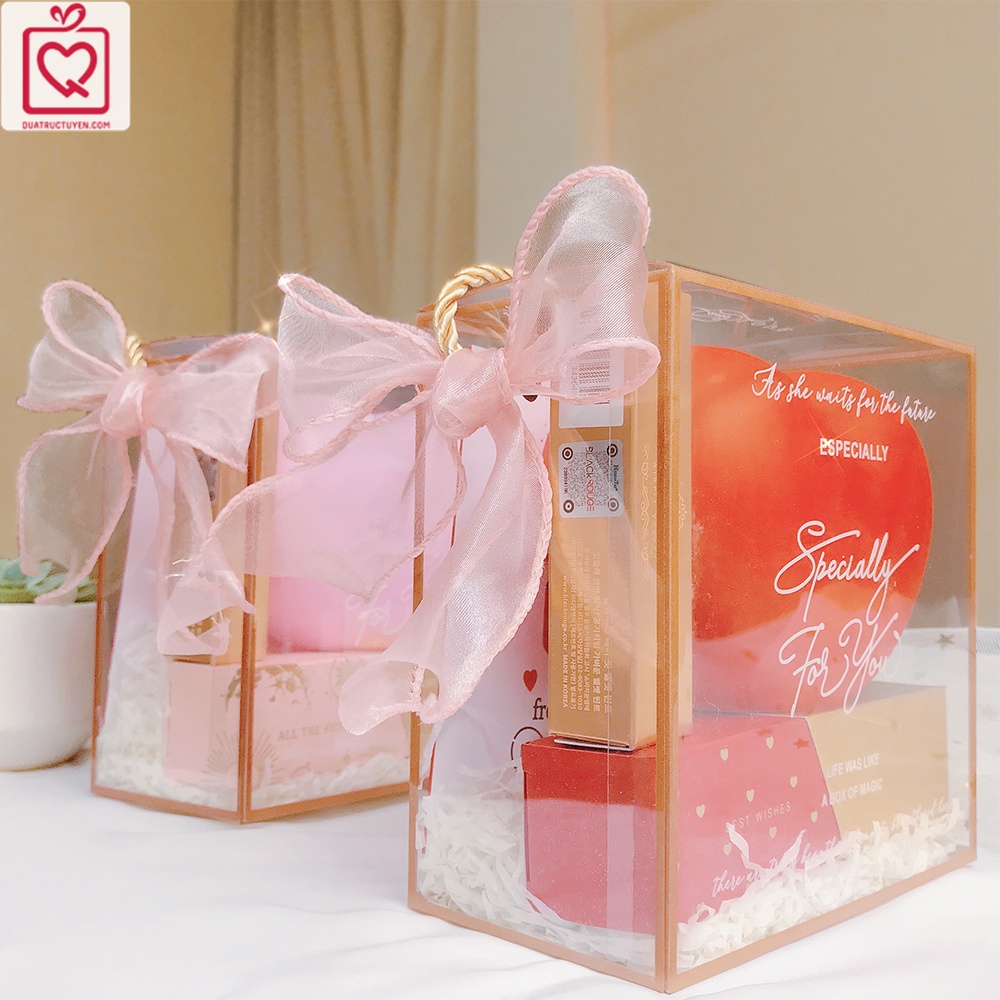 Quà tặng Valentine Only Love You set socola, đèn ngủ trái tim, son môi kèm hộp trong suốt Luv144 tặng người yêu