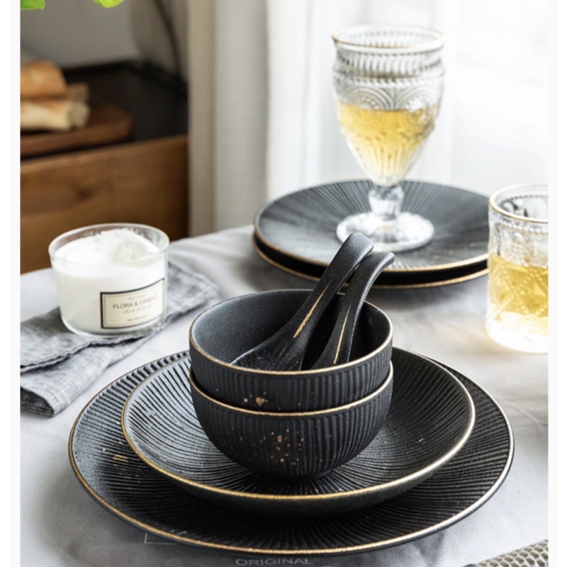 Bộ bát gốm đen viền vàng cao cấp - Bắc Âu