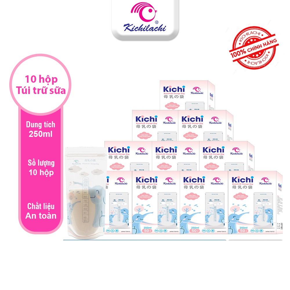  10 Hộp túi trữ sữa Kichilachi 2 khóa zipper 250ml an toàn cho bé