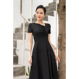 Đầm xoè Nella 6202 Linen trơn nhún ngực cổ bất đối xứng giá tốt váy Lucy