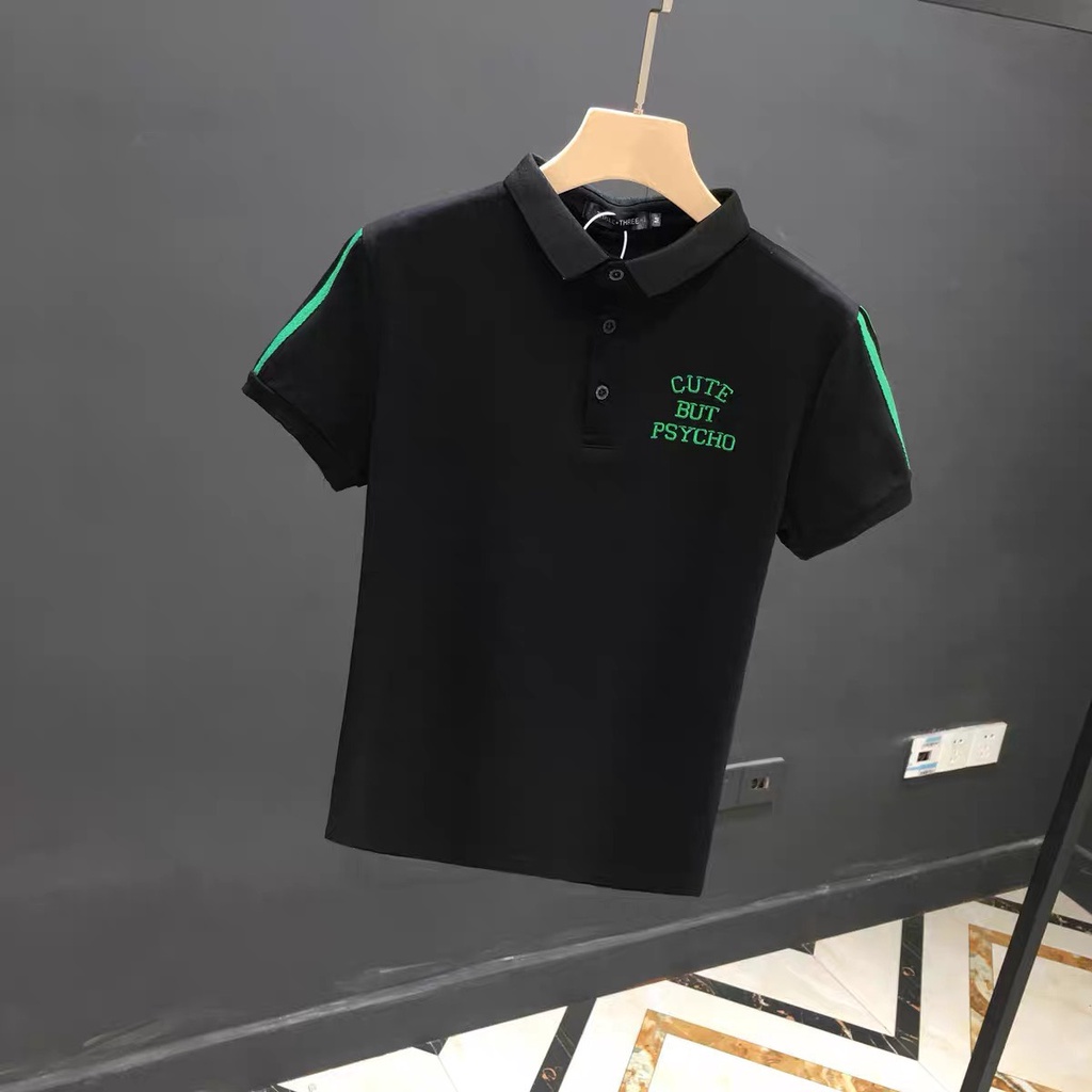 Áo thun nam thêu chữ chạy sọc mẫu mới áo polo nam nữ tay ngắn cổ bẻ CUTE BUT