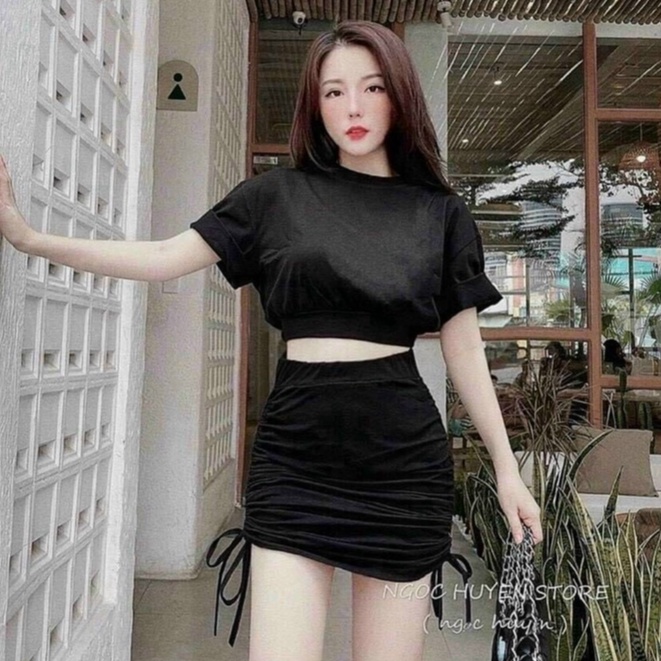 Sét áo kèm chân váy nữ áo kiểu croptop tay ngắn phối chân váy mini nhún hông
