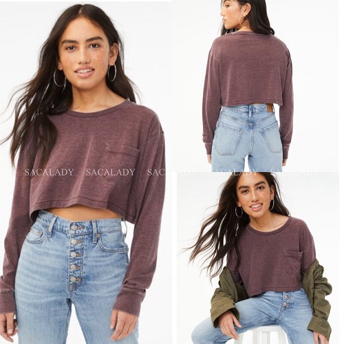 Áo Thun Cotton Croptop AEROPOSTALE Cổ Tròn Dài Tay Có Túi - 2560