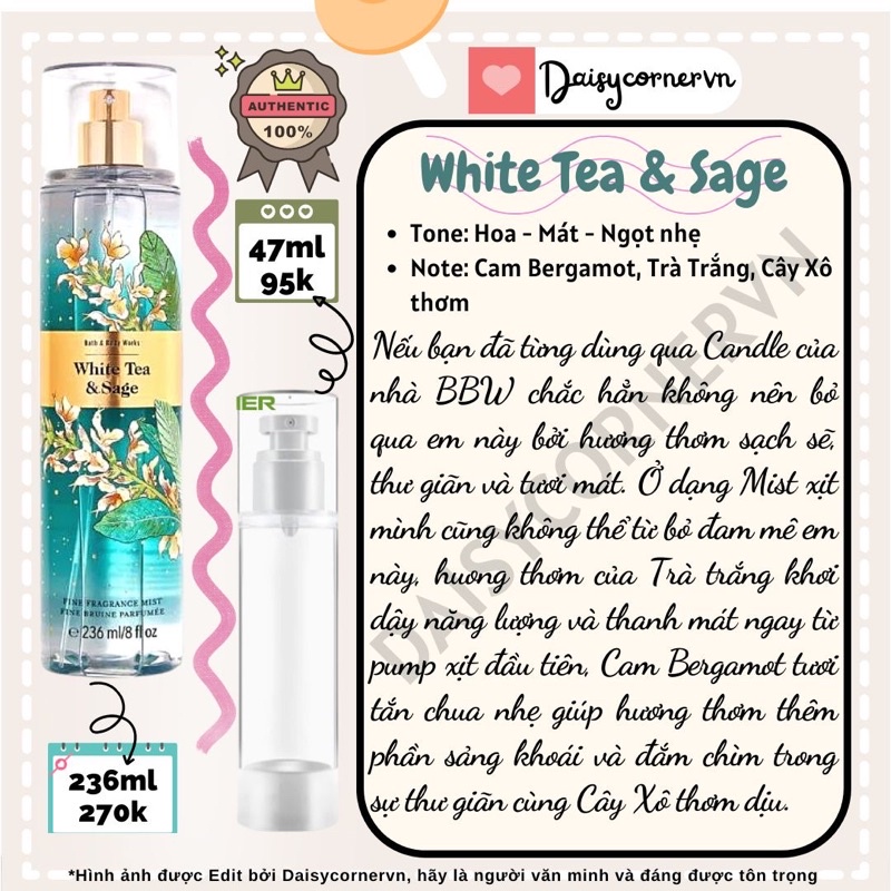 White Tea & Sage - Xịt thơm toàn thân Body Mist Bath and Body Works