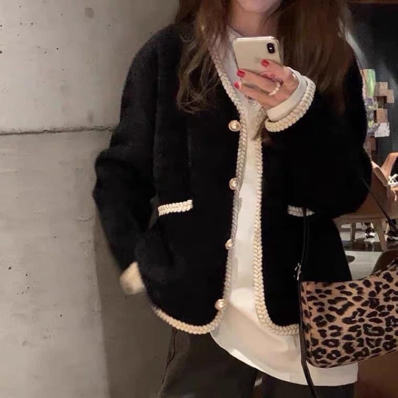 pass cardigan len lông thỏ khuy ngọc