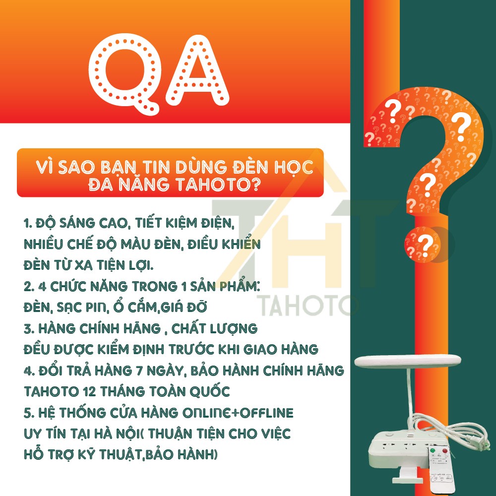 Đèn bàn đèn học đa năng chống cận TAHOTO 3 chế độ đèn, ổ cắm điện, sạc điện thoại, Bảo hành 12 tháng