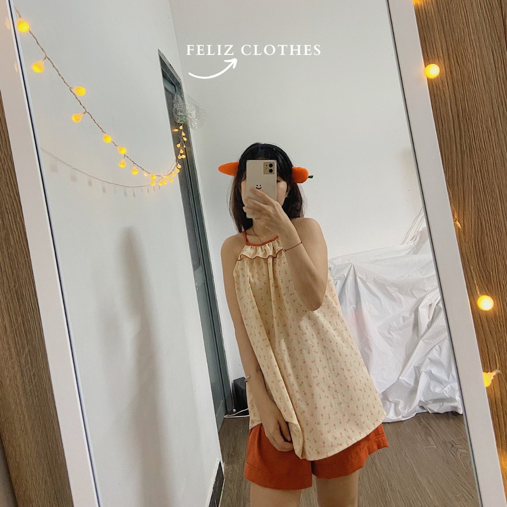[Feliz.Clothes] Đồ ngủ 2 dây yếm linen bột hoa nhí cam siêu mát, siêu dễ thương