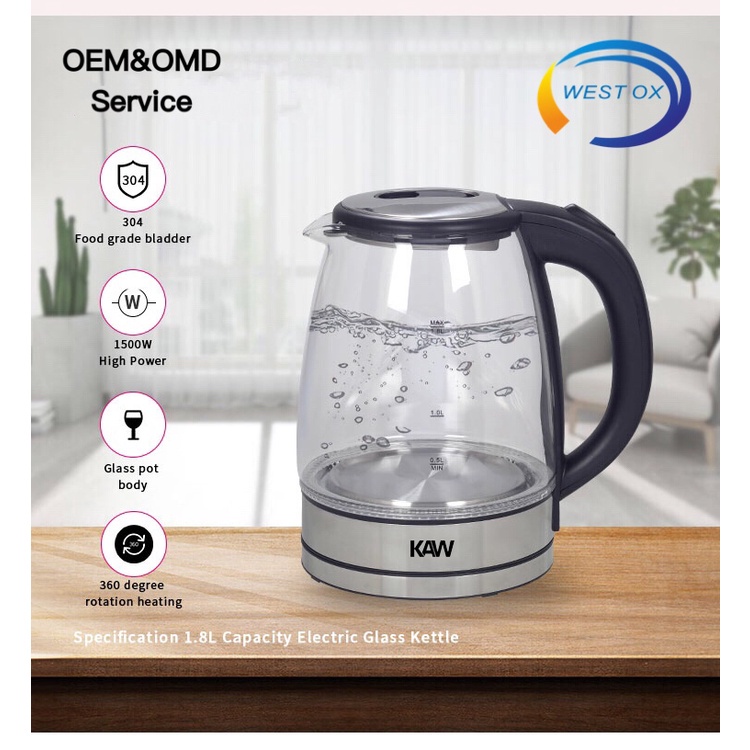 Ấm siêu tốc thủy tinh Rapido 2L - Ấm đun nước thủy tinh KAW - Hàng cao cấp - An toàn khi sử dụng - Bảo Hành chính hãng