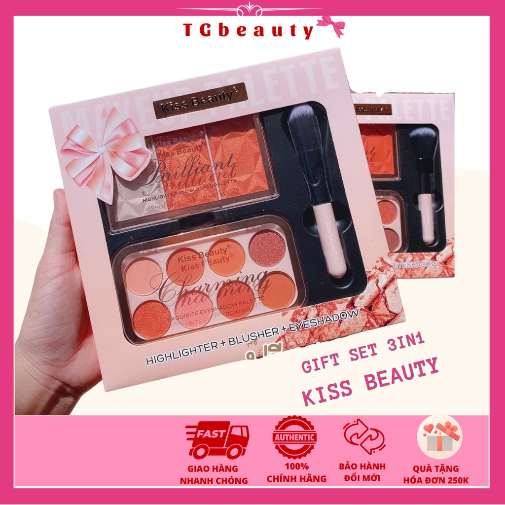 GIFT SET3 Sản Phẩm Make-up KISS BEAUTY Charming phấn mắt + phấn má+ cọ đánh phấn