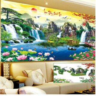 Tranh đính đá lưu thủy sinh tài tuyệt đẹp160x85cmkèm hình thật