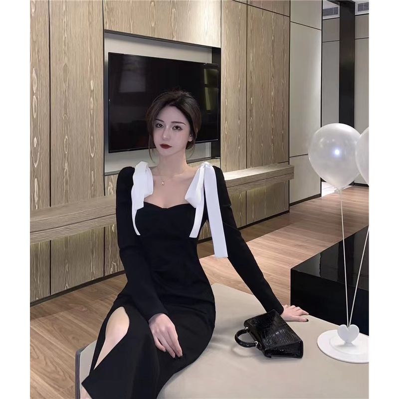 Đầm midi PERTY cổ vuông xẻ tà thời trang mùa thu Hàn Quốc 2022 cho nữ