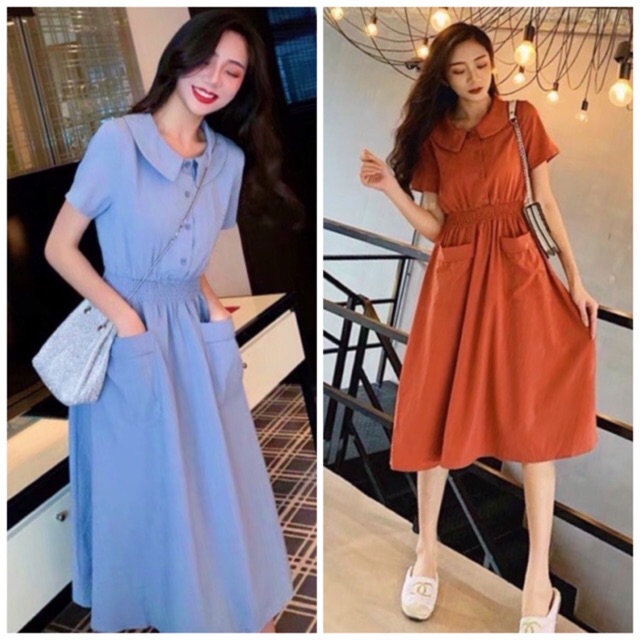 [Mã FATHANG5 giảm 10K đơn 50K] Đầm cổ sen thun eo 2 màu (kèm hình thật)