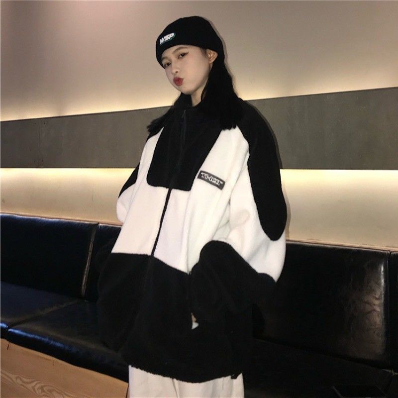 Áo khoác nỉ hoodie phối màu đen trắng lót lông Hàn Quốc có ảnh thật | BigBuy360 - bigbuy360.vn