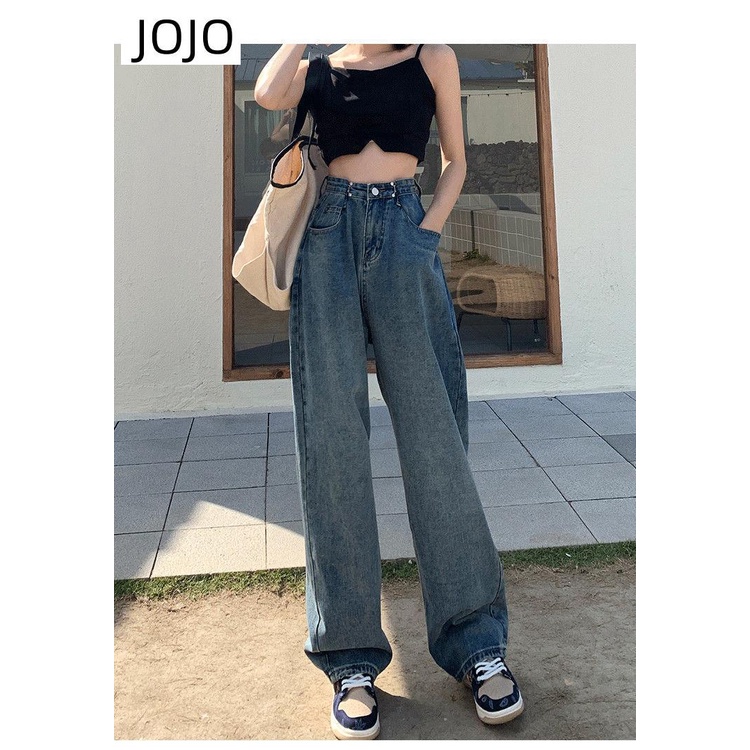 Quần Jean Ống Rộng Lưng Cao Màu Xanh Dương 2022 Thời Trang Xuân Thu Phong Cách Mới Cho Nữ
