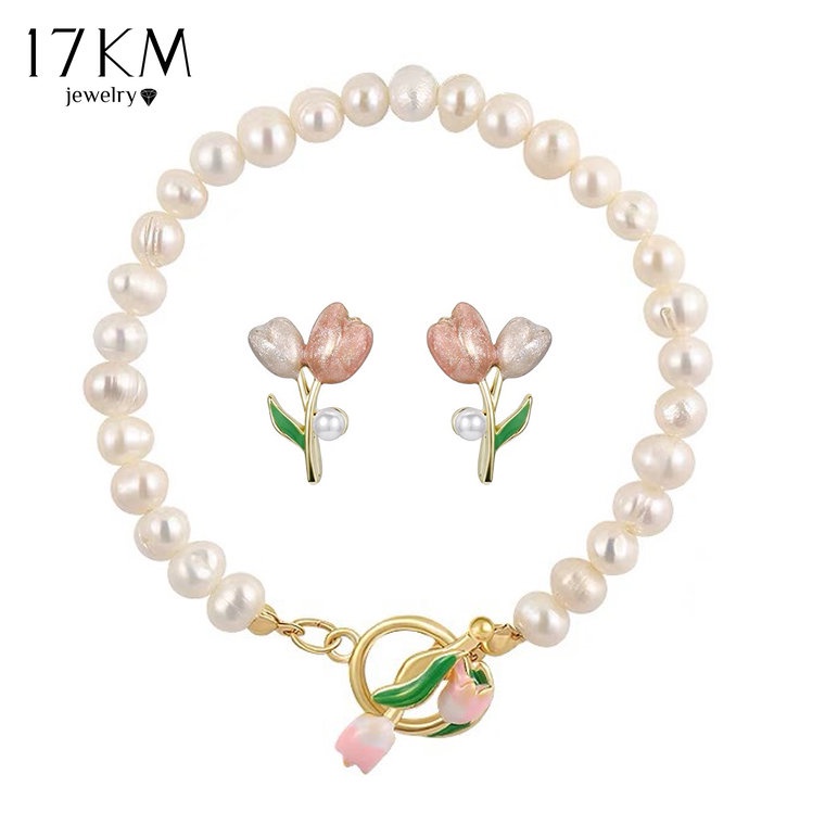 Dây chuyền/ Vòng đeo tay/ Khuyên tai 17KM mặt hoa tulip hồng đính hạt ngọc trai nhân tạo thanh lịch ngọt ngào cho nữ