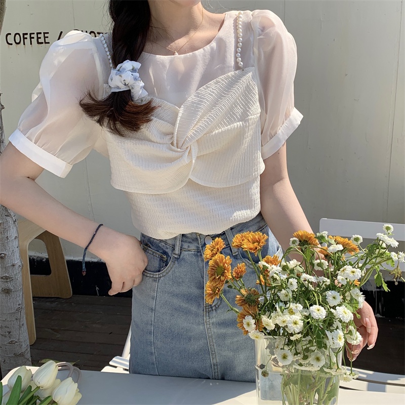 Áo Sơ Mi Tay Ngắn Phồng Đính Ngọc Trai Thời Trang Dành Cho Nữ