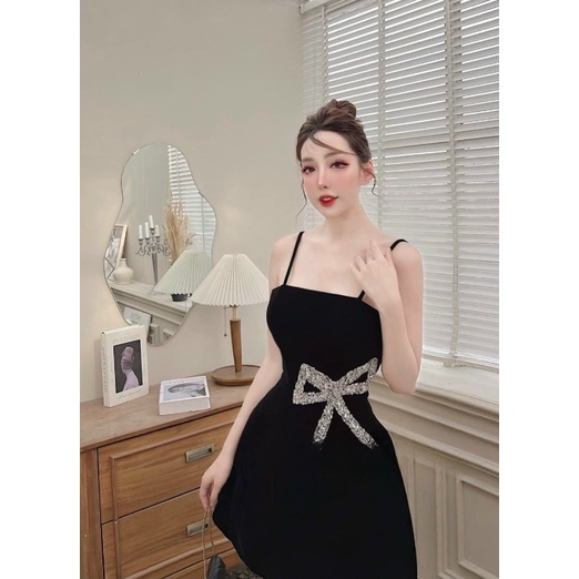 Váy đầm dự tiệc sang chảnh 2 dây màu đen cúp ngực phối nơ Linhnastore