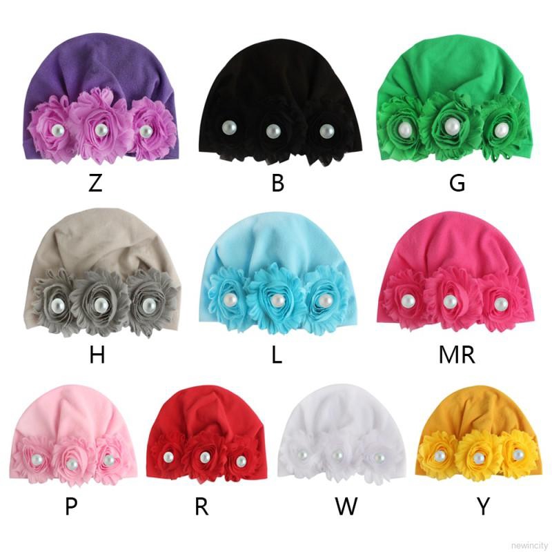 Mũ cotton co dãn đính hoa và ngọc trai cho bé
