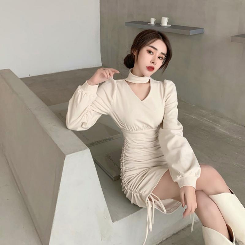 Đầm ôm tay dài màu sắc cổ điển phong cách thời trang Hàn Quốc cho nữ