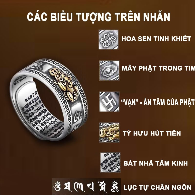 Nhẫn đeo tay nam đẹp thời trang Freesize P120, nhẫn phong thuỷ khắc bát nhã tâm kinh, lục tự chân ngôn, tỳ hưu trầu ngọc