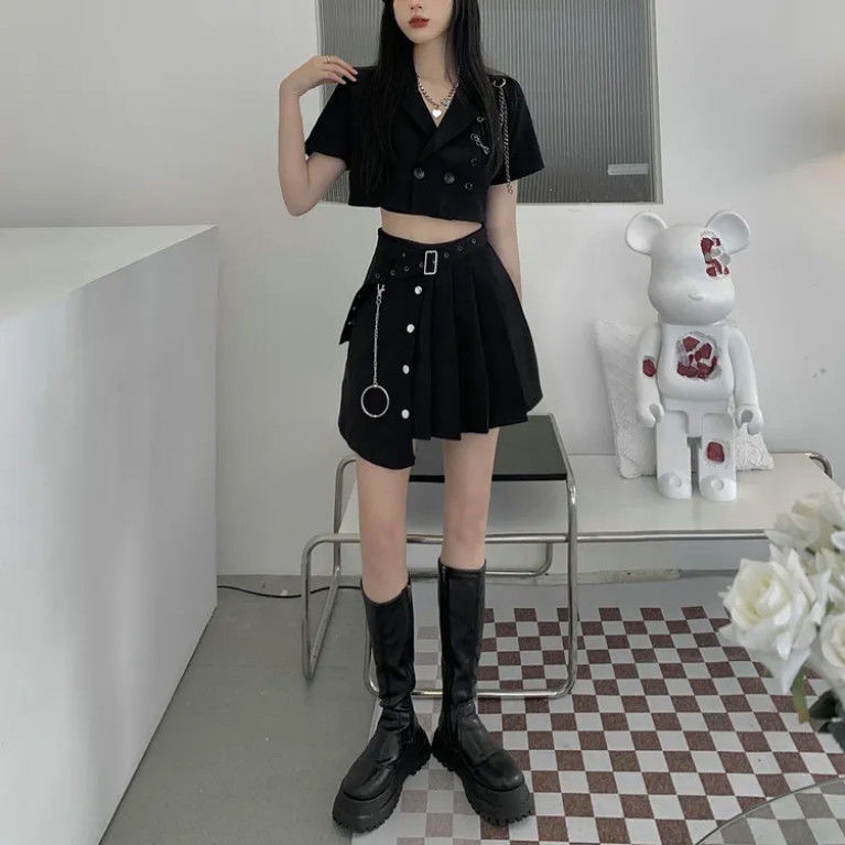 Bộ Áo Ngắn Tay+Chân Váy Xếp Ly Lưng Cao Xinh Xắn Dành Cho Nữ