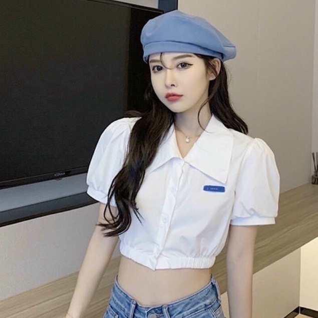 Áo Sơ Mi Nữ Kiểu Croptop Bo Chun Eo Tay Ngắn