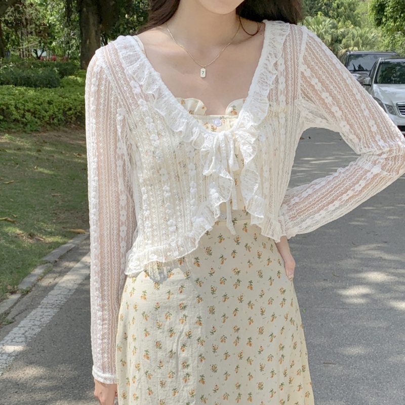 Áo Khoác Ren Lưới Mỏng Tay Dài Chống Nắng Cho Nữ