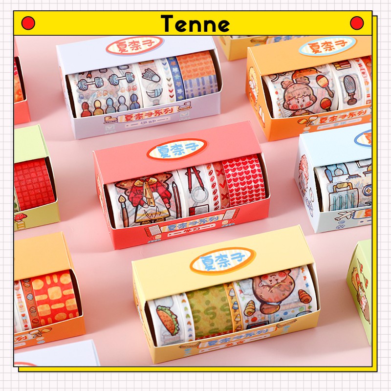 Combo 5 cuộn washi tape hình dán trang trí sổ dễ thương - Hộp 5 cuộn washi tape