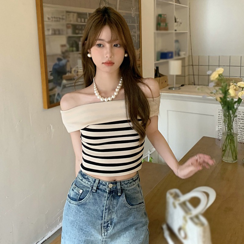 Áo Croptop Dệt Kim Trễ Vai Tay Ngắn Dáng Ôm Kẻ Sọc Màu Tương Phản Kiểu Retro Thời Trang Cho Nữ