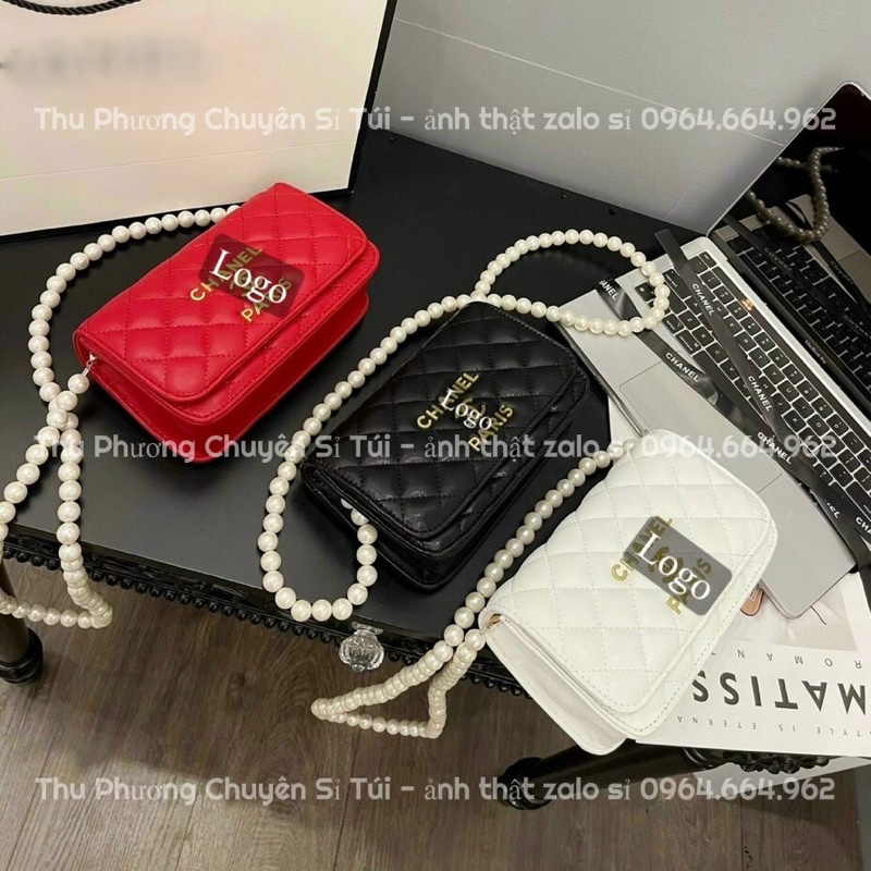 Túi đeo chéo, đeo vai trần ô chéo logo đính nổi - hàng dây ngọc siêu sang chảnh (ảnh thật shop chụp)