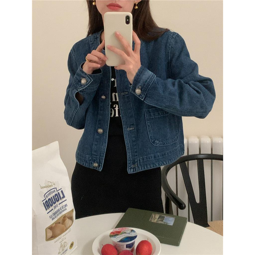 Áo Khoác Denim Tay Dài Cổ Tròn Phong Cách Retro Đơn Giản 60932