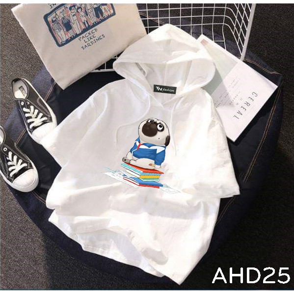 AHD25 Áo thun teen nam nữ HOODIE TAY LỠ CÓ NÓN hình chó bull ôn bài