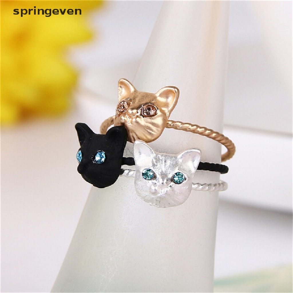 springeven 1Pc Women Mini Lovely Cat Shaped Ring Rhinestone Studd Ring Black Gold Silver RFT
