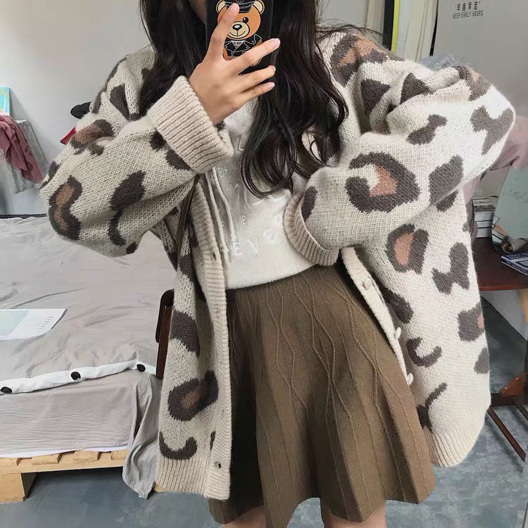 Áo Khoác Len Cardigan Nữ Họa Tiến Da Báo Dáng Dài Phong Cách Hàn Quốc