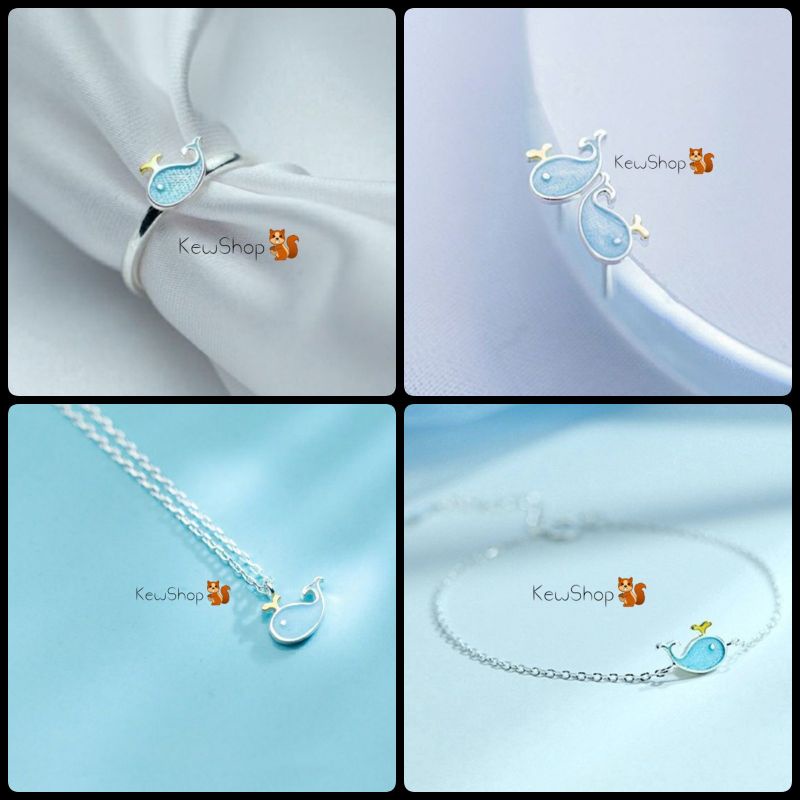 Bộ Trang Sức Cá Voi Biển Xanh Bạc 925 🐳 (Vòng Cổ-Lắc Tay-Bông Tai-Nhẫn)