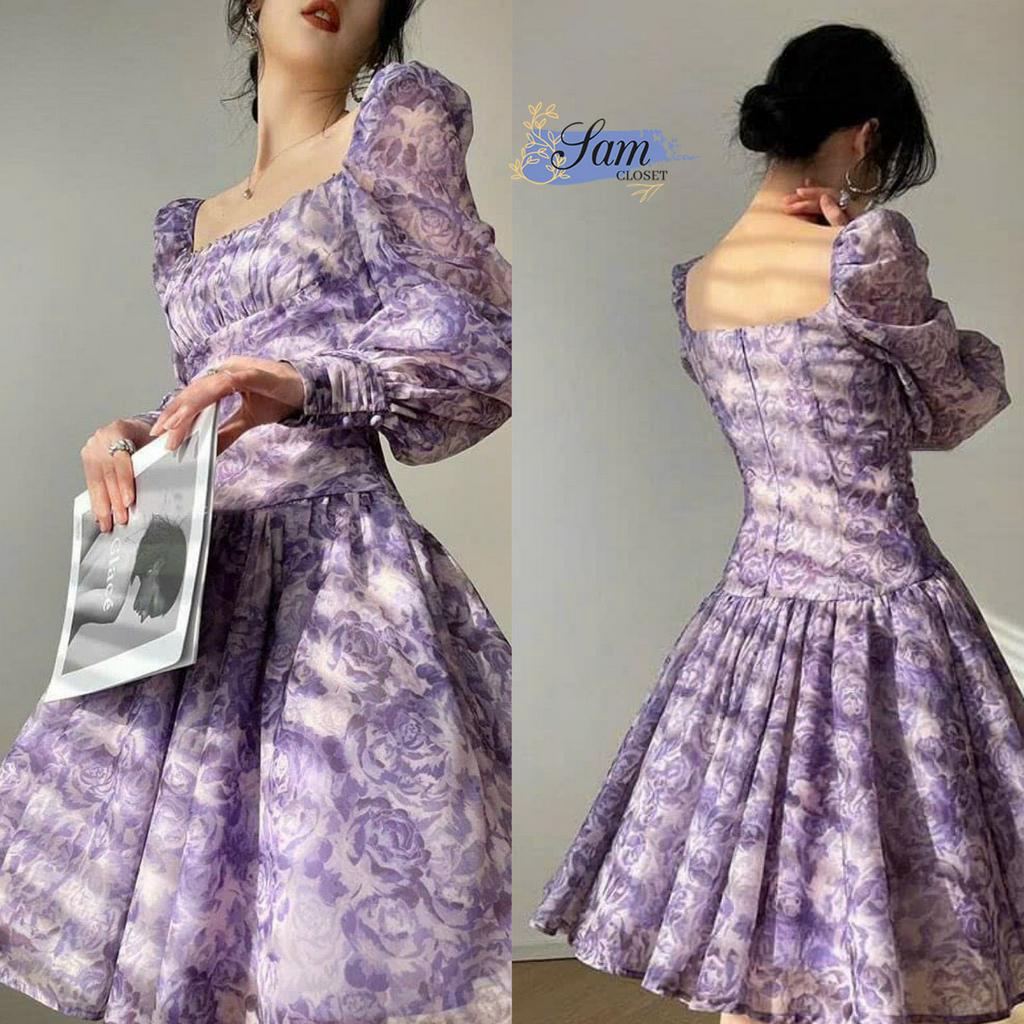 Đầm Xòe Cổ Vuông Xếp Ly Ngực Tay Dài Họa Tiết Sam Closet Phù Hợp Để Tới Công Sở, Đi Làm Hoặc Đi Chơi.