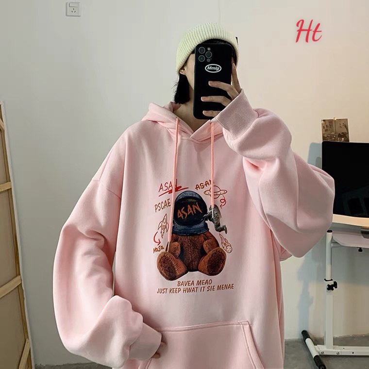 Áo hoodie Unisex oversize Gấu Asan Cotton nỉ SG 2 màu: Hồng Xám mặc Couple cực chill