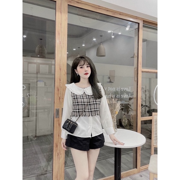 Áo sơ mi pha dạ cổ sen