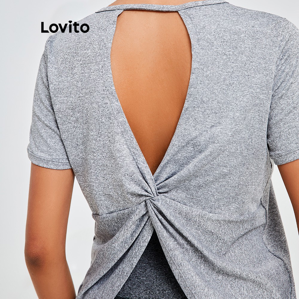 Áo thể thao Lovito ôm vừa vặn độ co giãn cao hở lưng dạng xoắn màu trơn L13X074 (Màu xám)