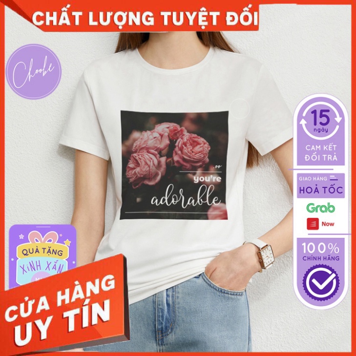 Áo phông nữ Choobe cộc tay Hoa Hồng thun cổ tròn form suông rộng vải cotton co giãn màu TRẮNG A13 - HÀNG MỚI VỀ