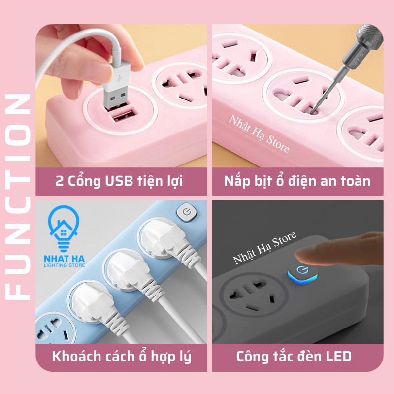 Ổ Cắm Điện USB Đa Năng Cute OD-432 Dễ Thương Gắn Tường Tiện Lợi Chịu Tải 2500W Dây dài 3M 3 màu Pastel