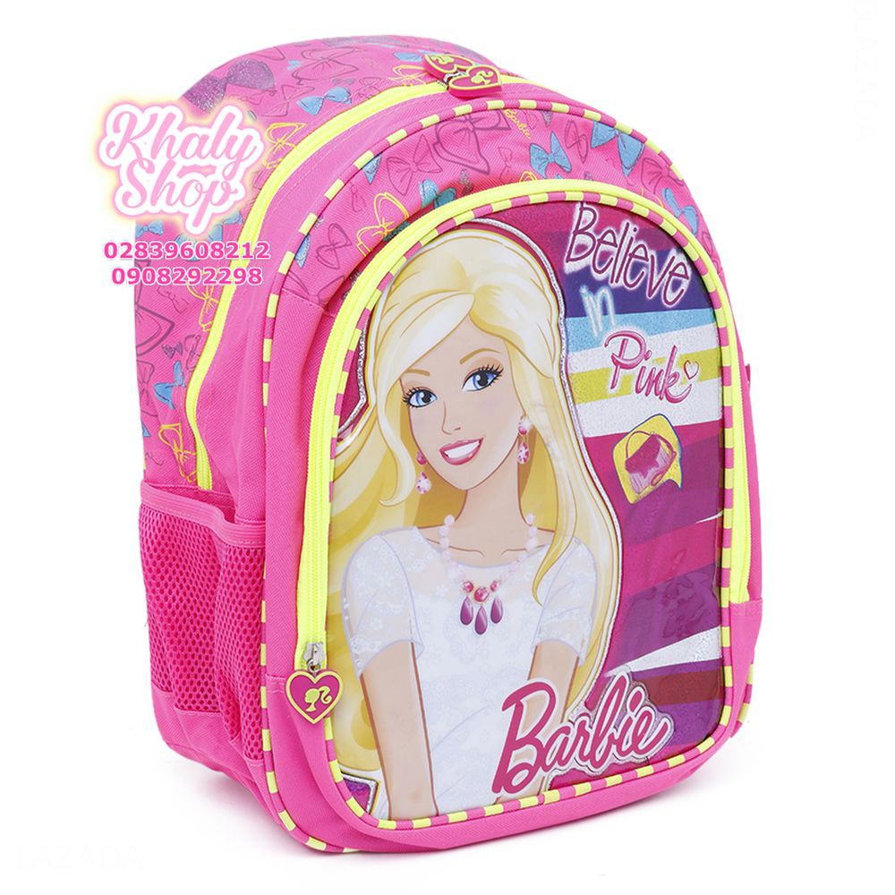 Balo trẻ em 15'' hình Barbie sọc hồng viền vàng dành cho học sinh ,bé gái - BLBA15HVV (30x14x40cm)