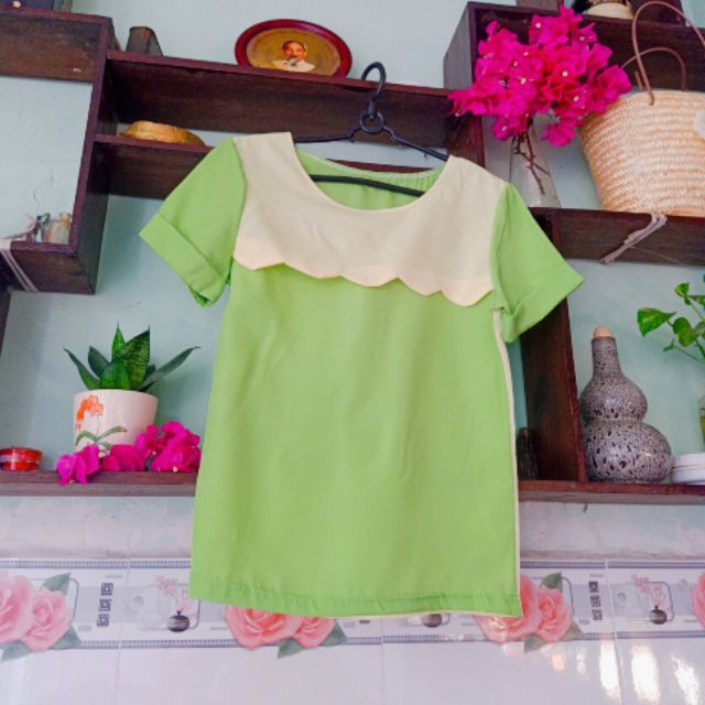Áo voan lụa phối màu xanh vàng siêu đẹp hàng secondhand Size M