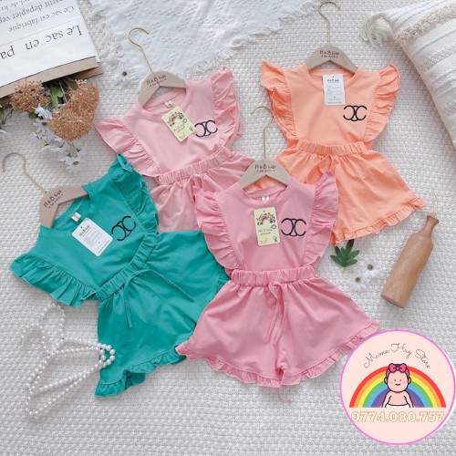 Bộ Cotton Áo Cánh Tiên Quần Ngắn Cao Cấp Cho Bé Gái Từ 8-20kg Hoạ Tiết Viền Bèo 4 Màu