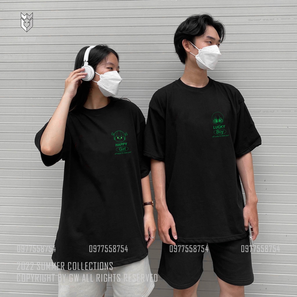 Áo Thun đôi nam nữ Lucky Boy - Happy Girl áo cặp đôi form rộng tay lỡ - GW Shop