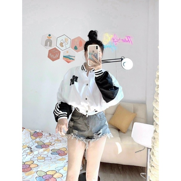 Áo khoác lửng croptop dù 2 lớp in MM phối sọc tay phồng cánh dơi unisex ulzzang nam nữ